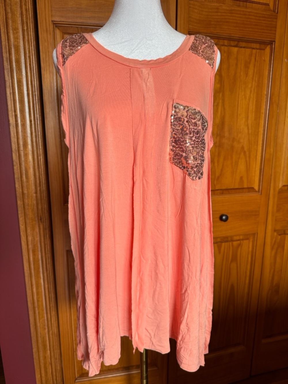 Sequin Pocket Coral Sleeveless Swing Top NWOT